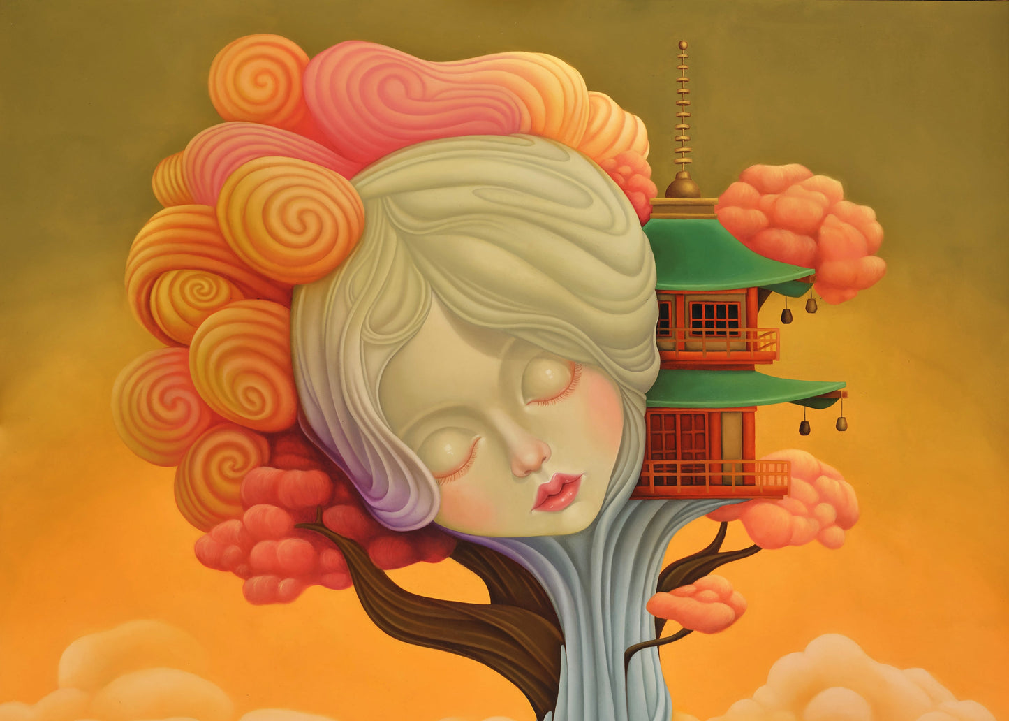 Artistic depiction of a woman with tree-like features and a pagoda in the background